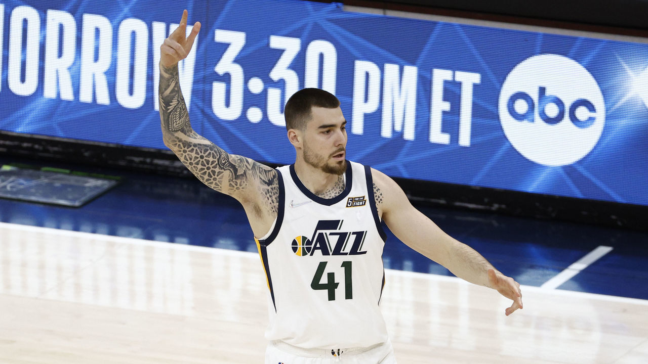 SALT LAKE CITY, UT - APRIL 23: Juancho Hernangomez #41 of the Utah Jazz reacts to a play during the game against the Dallas Mavericks uring Round 1 Game 4 of the 2022 NBA Playoffs on April 23, 2022 at Vivint SmartHome Arena in Salt Lake City, Utah. Mandatory Copyright Notice: Copyright 2022 NBAE
