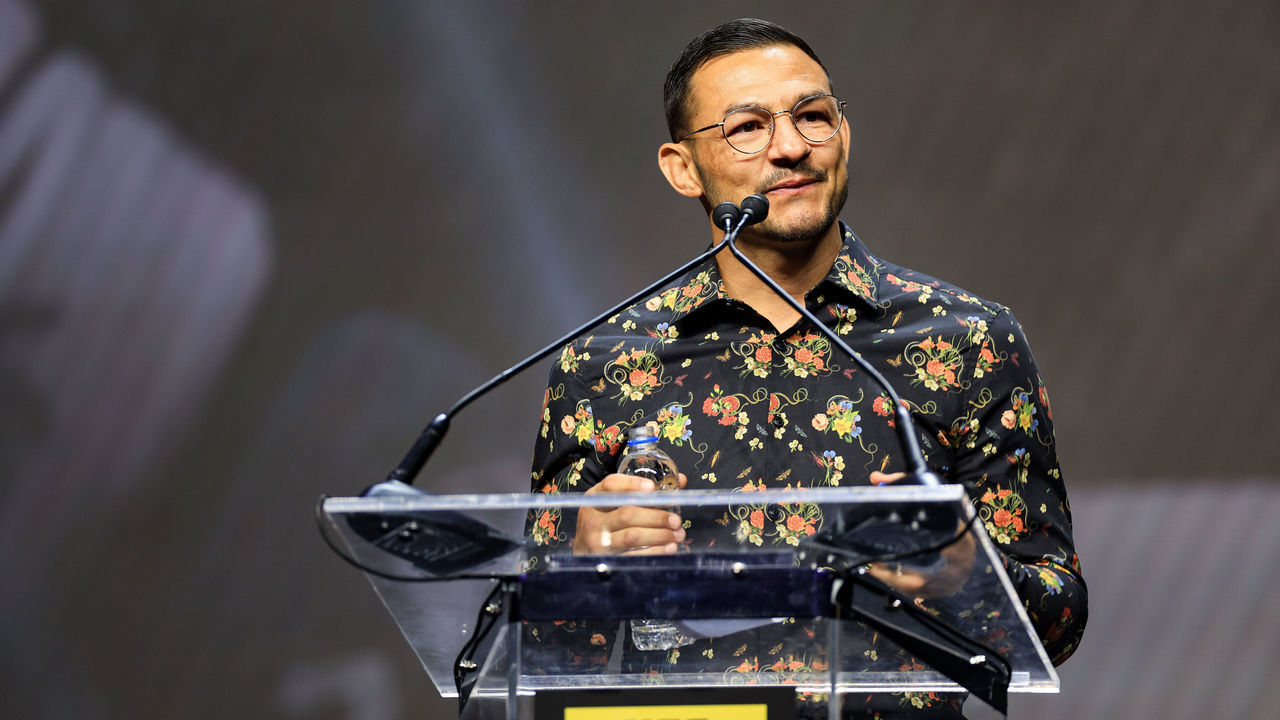 LAS VEGAS, NEVADA - JUNE 30: Cub Swanson speaks after being inducted into the fight wing during the UFC Hall of Fame induction ceremony at T-Mobile Arena on June 30, 2022 in Las Vegas, Nevada.