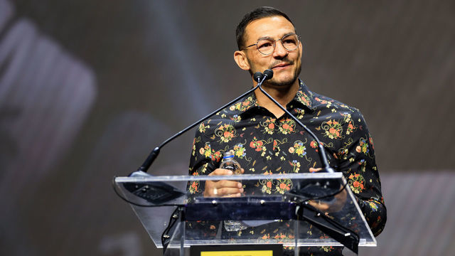 LAS VEGAS, NEVADA - JUNE 30: Cub Swanson speaks after being inducted into the fight wing during the UFC Hall of Fame induction ceremony at T-Mobile Arena on June 30, 2022 in Las Vegas, Nevada.