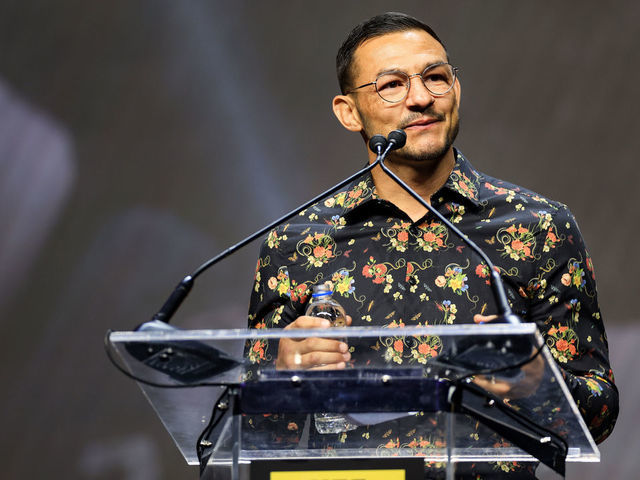 LAS VEGAS, NEVADA - JUNE 30: Cub Swanson speaks after being inducted into the fight wing during the UFC Hall of Fame induction ceremony at T-Mobile Arena on June 30, 2022 in Las Vegas, Nevada.