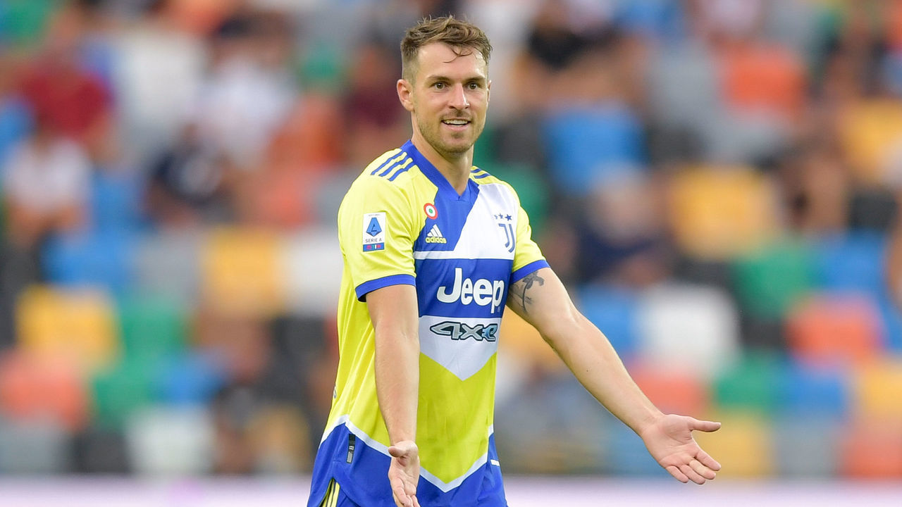UDINE, ITALY - AUGUST 22: Juventus player Aaron Ramsey during the Serie A match between Udinese Calcio v Juventus at Dacia Arena on August 22, 2021 in Udine, Italy.