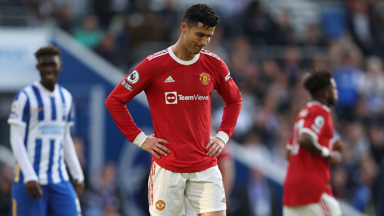 BRIGHTON, ENGLAND - MAY 07: Cristiano Ronaldo of Manchester United dejected during the Premier League match between Brighton & Hove Albion and Manchester United at American Express Community Stadium on May 7, 2022 in Brighton, United Kingdom.