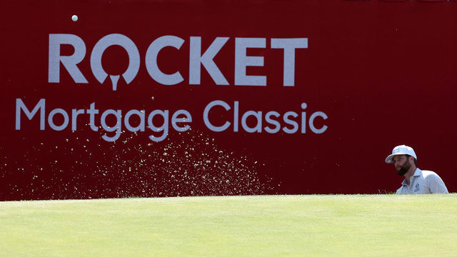 DETROIT, MICHIGAN - JULY 03: Chris Kirk plays a shot from a bunker on the 15th hole during the third round of the Rocket Mortgage Classic on July 03, 2021 at the Detroit Golf Club in Detroit, Michigan.