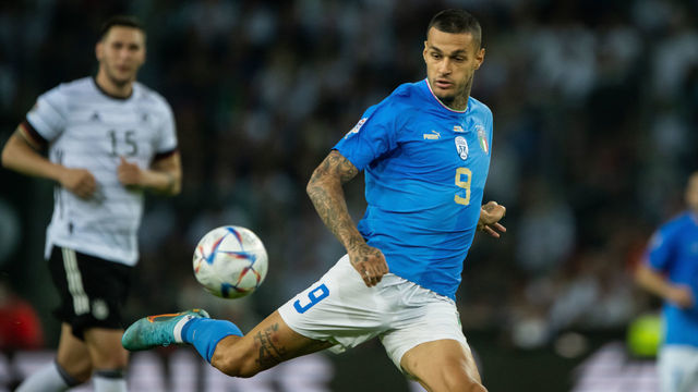 MOENCHENGLADBACH, GERMANY - JUNE 14: Gianluca Scamacca of Italy controls the ball during the UEFA Nations League League A Group 3 match between Germany and England at Borussia Park Stadium on June 14, 2022 in Moenchengladbach, Germany.
