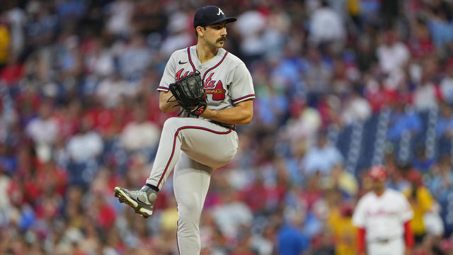 PHILADELPHIA, PA - JULY 26: Atlanta Braves Pitcher Spencer Strider (65) delivers a pitch during the first inning of the Major League Baseball game between the Atlanta Braves and Philadelphia Phillies on July 26,2022, at Citizens Bank Park in Philadelphia, PA.