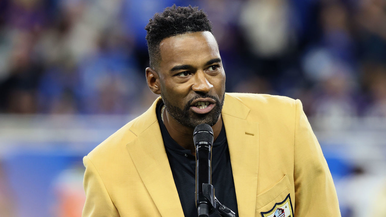 Former Detroit Lions wide receiver Calvin Johnson, Jr., Megatron, speaks after receiving his Hall of Fame ring during an NFL football game between the Detroit Lions and the Baltimore Ravens in Detroit, Michigan USA, on Sunday, September 26, 2021.