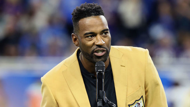 Former Detroit Lions wide receiver Calvin Johnson, Jr., Megatron, speaks after receiving his Hall of Fame ring during an NFL football game between the Detroit Lions and the Baltimore Ravens in Detroit, Michigan USA, on Sunday, September 26, 2021.