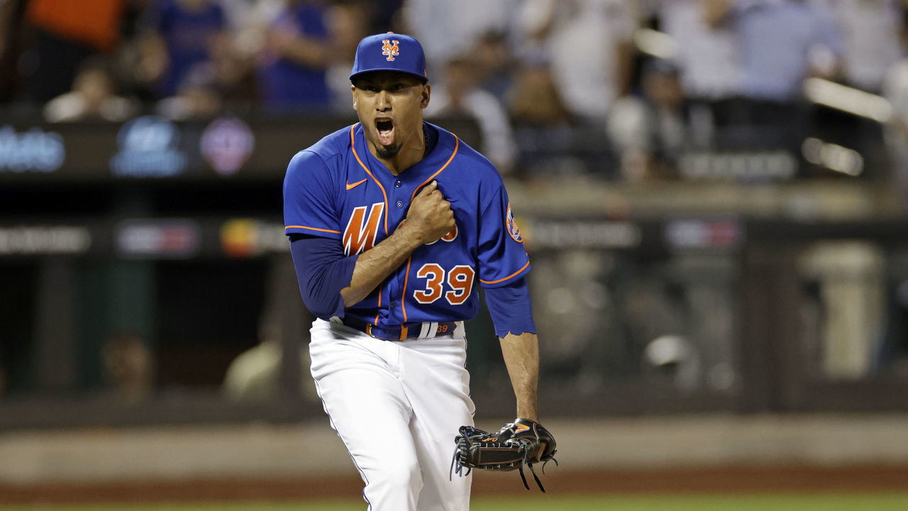 NEW YORK, NY - JULY 26: Edwin Diaz #39 of the New York Mets reacts after the final out during the ninth inning against the New York Yankees at Citi Field on July 26, 2022 in New York City. The Mets won 6-3.