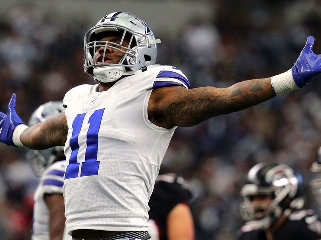 ARLINGTON, TEXAS - NOVEMBER 14: Micah Parsons #11 of the Dallas Cowboys celebrates a sack against the Atlanta Falcons at AT&T Stadium on November 14, 2021 in Arlington, Texas.
