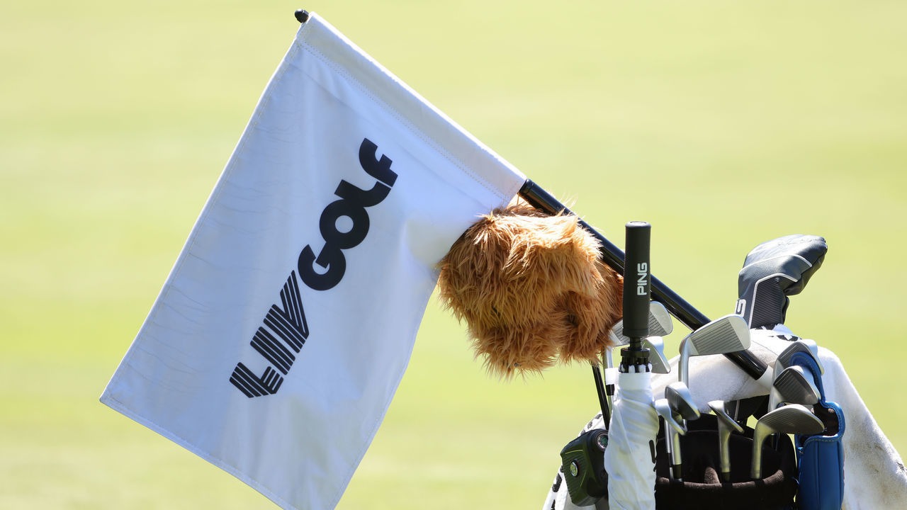 NORTH PLAINS, OREGON - JUNE 29: A detailed view of a flag with LIV Golf logo is seen during the pro-am prior to the LIV Golf Invitational - Portland at Pumpkin Ridge Golf Club on June 29, 2022 in North Plains, Oregon.