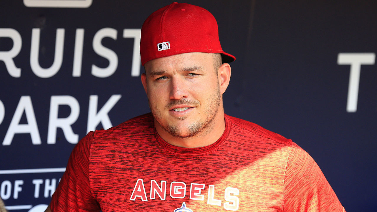 ATLANTA, GA - JULY 22: Los Angeles Angels outfielder Mike Trout (27) looks on prior to the Friday evening MLB game between the Los Angeles Angels and the Atlanta Braves on July 22, 2022 at Truist Park in Atlanta, Georgia.