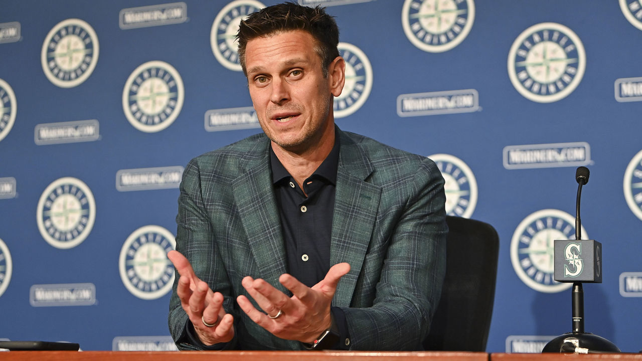 SEATTLE, WASHINGTON - JULY 17: Baseball Operations President Jerry Dipoto of the Seattle Mariners addresses the media after picking SS Cole Young 21st overall in the 2022 MLB Draft at T-Mobile Park on July 17, 2022 in Seattle, Washington.