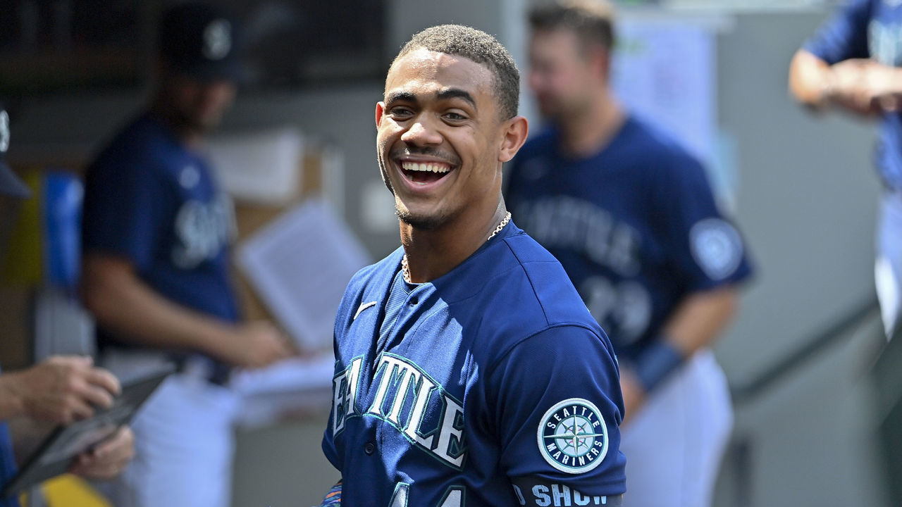SEATTLE, WASHINGTON - JULY 27: Julio Rodriguez #44 of the Seattle Mariners smiles after hitting a three run home run during the seventh inning against the Texas Rangers at T-Mobile Park on July 27, 2022 in Seattle, Washington.