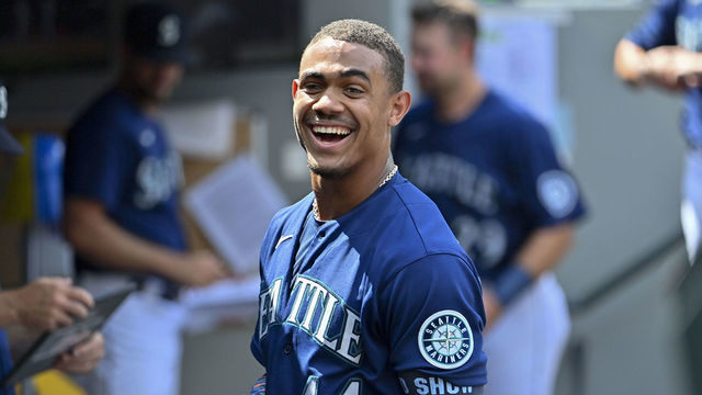 SEATTLE, WASHINGTON - JULY 27: Julio Rodriguez #44 of the Seattle Mariners smiles after hitting a three run home run during the seventh inning against the Texas Rangers at T-Mobile Park on July 27, 2022 in Seattle, Washington.