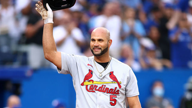 TORONTO, ON - JULY 27: Albert Pujols #5 of the St. Louis Cardinals tips his hat to the crowd in the second inning against the Toronto Blue Jays at Rogers Centre on July 27, 2022 in Toronto, Ontario, Canada.