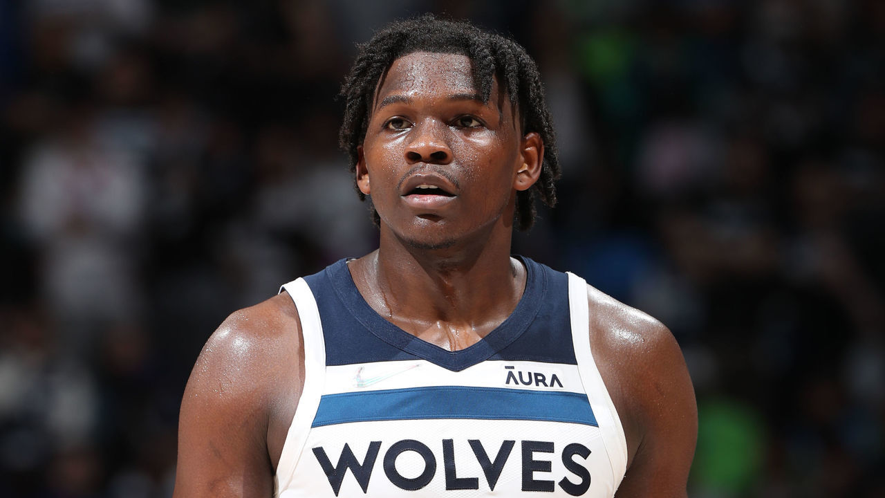 MINNEAPOLIS, MN - APRIL 23: Anthony Edwards #1 of the Minnesota Timberwolves looks on during Round 1 Game 4 of the 2022 NBA Playoffs on April 23, 2022 at Target Center in Minneapolis, Minnesota. Mandatory Copyright Notice: Copyright 2022 NBAE