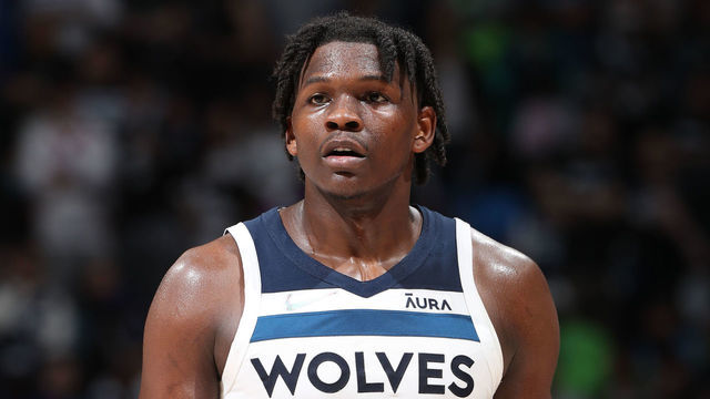 MINNEAPOLIS, MN - APRIL 23: Anthony Edwards #1 of the Minnesota Timberwolves looks on during Round 1 Game 4 of the 2022 NBA Playoffs on April 23, 2022 at Target Center in Minneapolis, Minnesota. Mandatory Copyright Notice: Copyright 2022 NBAE