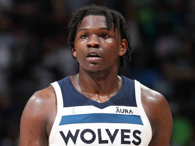 MINNEAPOLIS, MN - APRIL 23: Anthony Edwards #1 of the Minnesota Timberwolves looks on during Round 1 Game 4 of the 2022 NBA Playoffs on April 23, 2022 at Target Center in Minneapolis, Minnesota. Mandatory Copyright Notice: Copyright 2022 NBAE