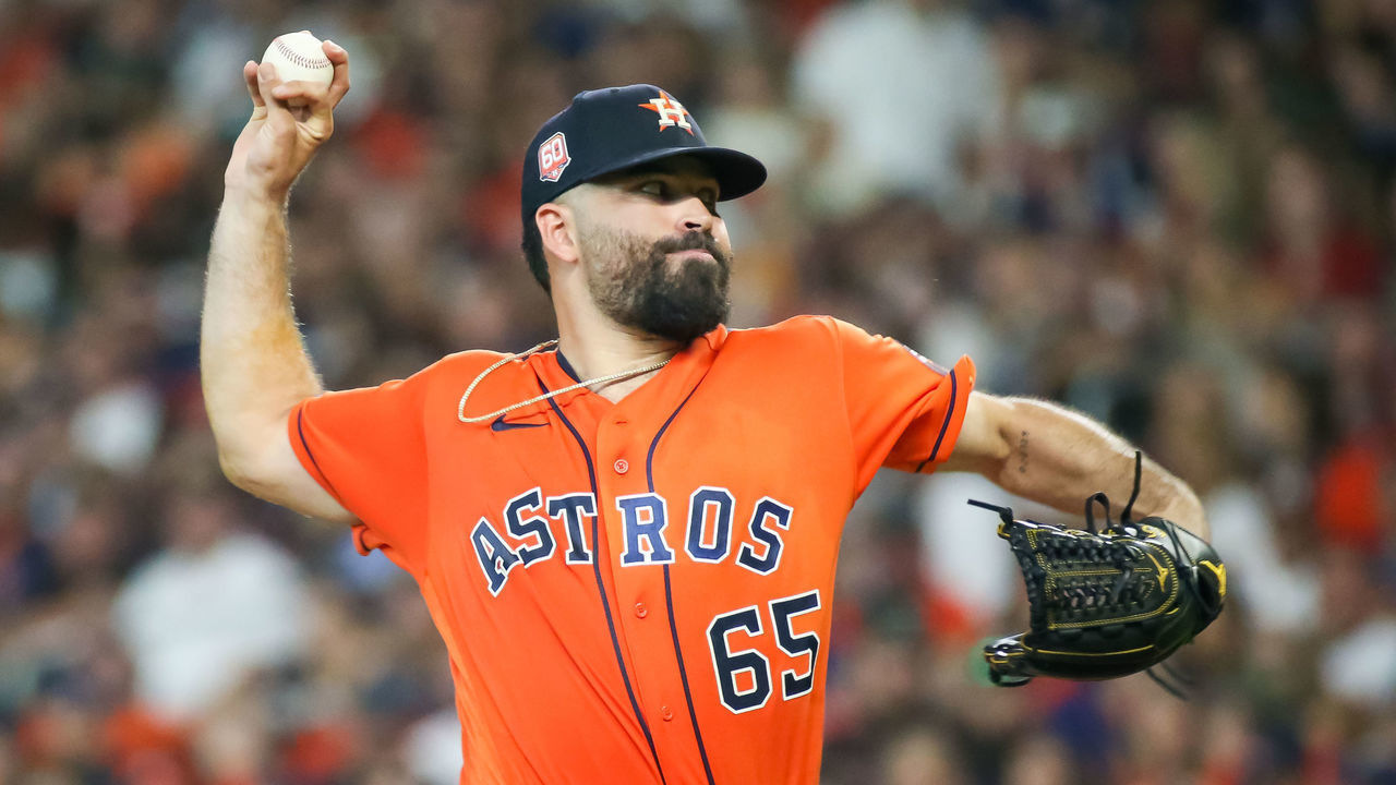 HOUSTON, TX - JULY 15: Houston Astros starting pitcher Jose Urquidy (65) throws a pitch in the top of the fifth inning during the MLB game between the Oakland Athletics and Houston Astros on July 15, 2022 at Minute Maid Park in Houston, Texas.