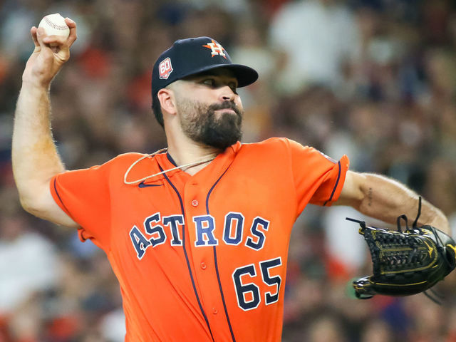 HOUSTON, TX - JULY 15: Houston Astros starting pitcher Jose Urquidy (65) throws a pitch in the top of the fifth inning during the MLB game between the Oakland Athletics and Houston Astros on July 15, 2022 at Minute Maid Park in Houston, Texas.