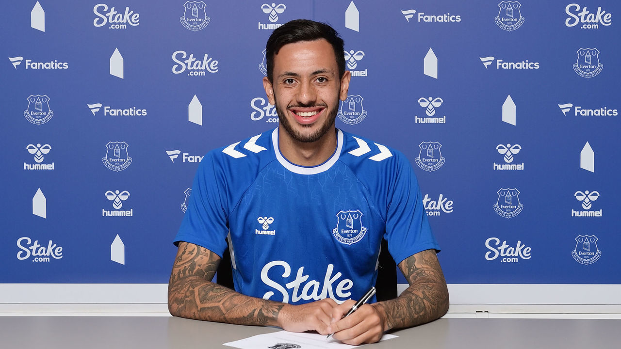HALEWOOD, ENGLAND - JULY 28: (EXCLUSIVE COVERAGE) Dwight McNeil poses for a photo after signing for Everton FC at Finch Farm on July 28 2022 in Halewood, England.