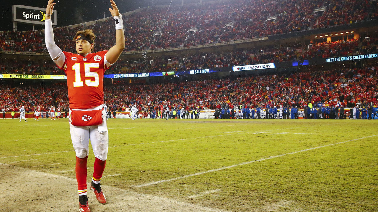 KANSAS CITY, MO - JANUARY 12: Quarterback Patrick Mahomes #15 of the Kansas City Chiefs celebrates in the final minute of the 31-13 victory over the Indianapolis Colts in the AFC Divisional Playoff at Arrowhead Stadium on January 12, 2019 in Kansas City, Missouri.