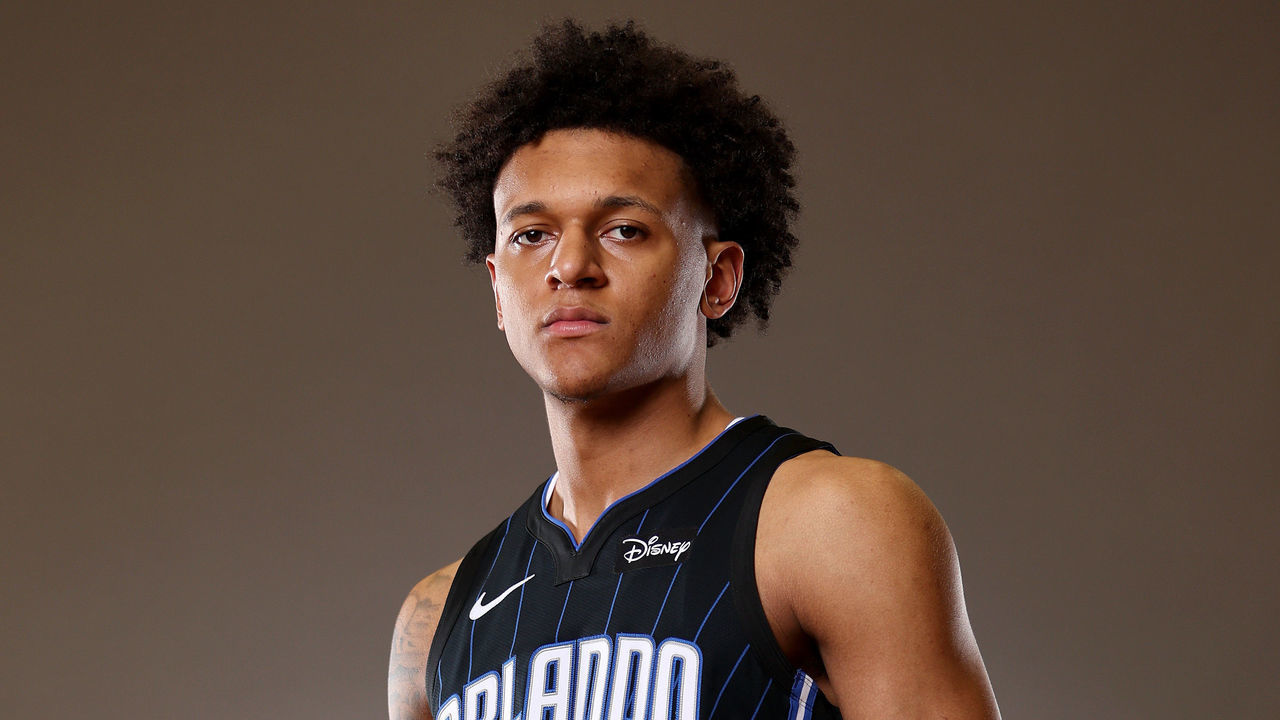 LAS VEGAS, NEVADA - JULY 15: Paolo Banchero #5 of the Orlando Magic poses during the 2022 NBA Rookie Portraits at UNLV on July 15, 2022 in Las Vegas, Nevada. NOTE TO USER: User expressly acknowledges and agrees that, by downloading and/or using this photograph, User is consenting to the terms and conditions of the Getty Images License Agreement.