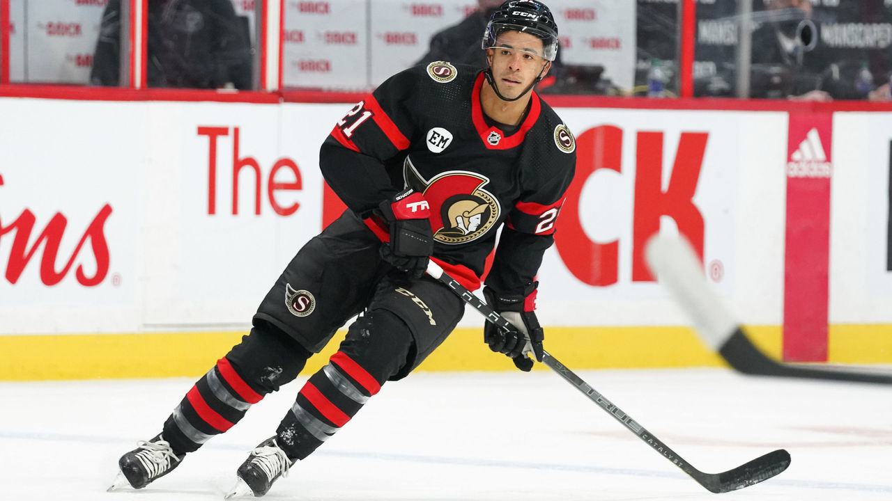 OTTAWA, ON - APRIL 10: Mathieu Joseph #21 of the Ottawa Senators skates against the Winnipeg Jets at Canadian Tire Centre on April 10, 2022 in Ottawa, Ontario, Canada.