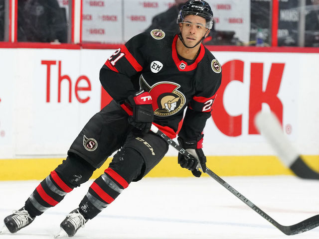 OTTAWA, ON - APRIL 10: Mathieu Joseph #21 of the Ottawa Senators skates against the Winnipeg Jets at Canadian Tire Centre on April 10, 2022 in Ottawa, Ontario, Canada.