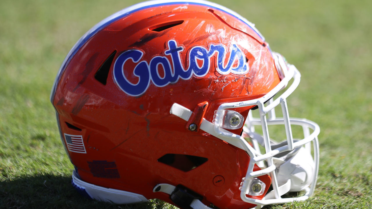 ORLANDO, FL - JANUARY 15: A Florida Gators helmet rests on the field during the Hula Bowl college football game on Saturday, January 15, 2022 at the UCF Bounce House Stadium in Orlando, FL