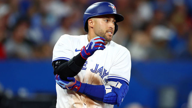TORONTO, ON - JULY 28: George Springer #4 of the Toronto Blue Jays injures his elbow while flying out in the eighth inning against the Detroit Tigers at Rogers Centre on July 28, 2022 in Toronto, Ontario, Canada.