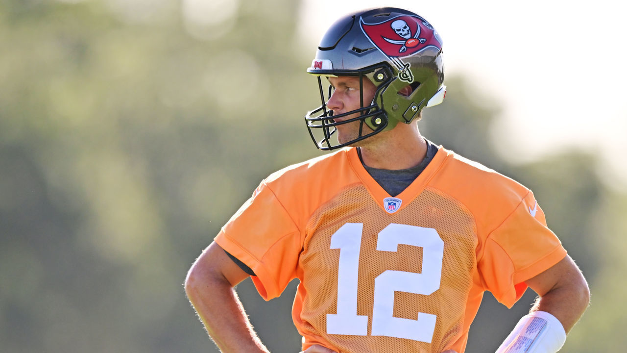 TAMPA, FLORIDA - JULY 27: Tom Brady #12 of the Tampa Bay Buccaneers looks on during Buccaneers Training Camp at AdventHealth Training Center on July 27, 2022 in Tampa, Florida.