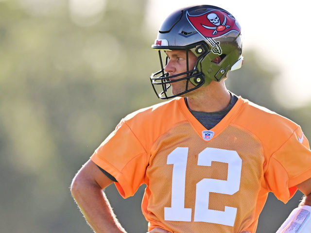 TAMPA, FLORIDA - JULY 27: Tom Brady #12 of the Tampa Bay Buccaneers looks on during Buccaneers Training Camp at AdventHealth Training Center on July 27, 2022 in Tampa, Florida.