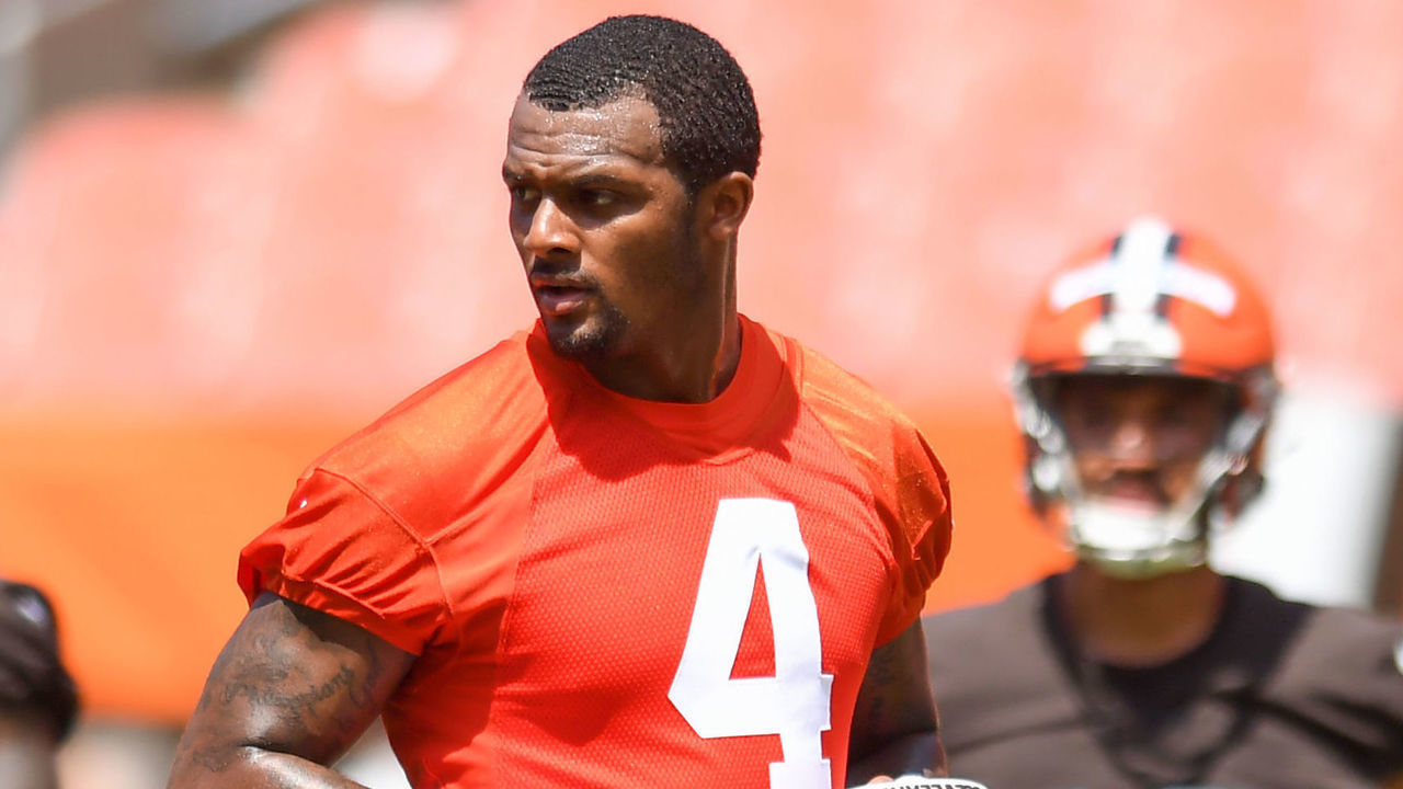 CLEVELAND, OH - JUNE 16: Deshaun Watson #4 of the Cleveland Browns looks on during the Cleveland Browns mandatory minicamp at FirstEnergy Stadium on June 16, 2022 in Cleveland, Ohio.