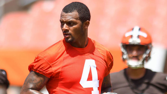CLEVELAND, OH - JUNE 16: Deshaun Watson #4 of the Cleveland Browns looks on during the Cleveland Browns mandatory minicamp at FirstEnergy Stadium on June 16, 2022 in Cleveland, Ohio.