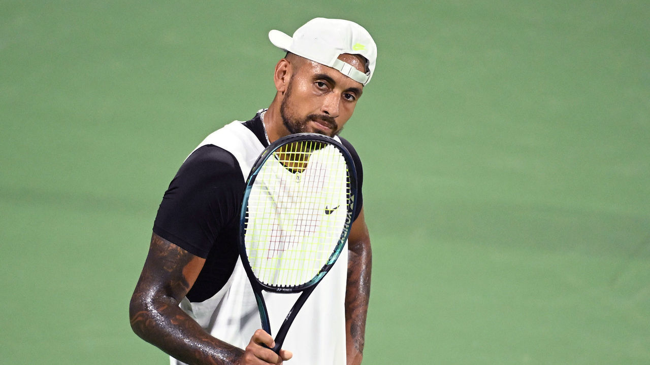 ATLANTA, GA - JULY 25: Nick Kyrgios of Australia looks at the crowd against Nicolas Mahut of France and Édouard Roger-Vasselin of France during Day One of the Atlanta Open at Atlantic Station on July 25, 2022 in Atlanta Georgia.