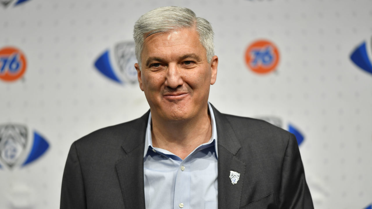 LAS VEGAS, NEVADA - DECEMBER 03: Pac-12 commissioner George Kliavkoff speaks at a press conference before the PAC-12 Football Championship football game between the Oregon Ducks and the Utah Utes at Allegiant Stadium on December 03, 2021 in Las Vegas, Nevada.