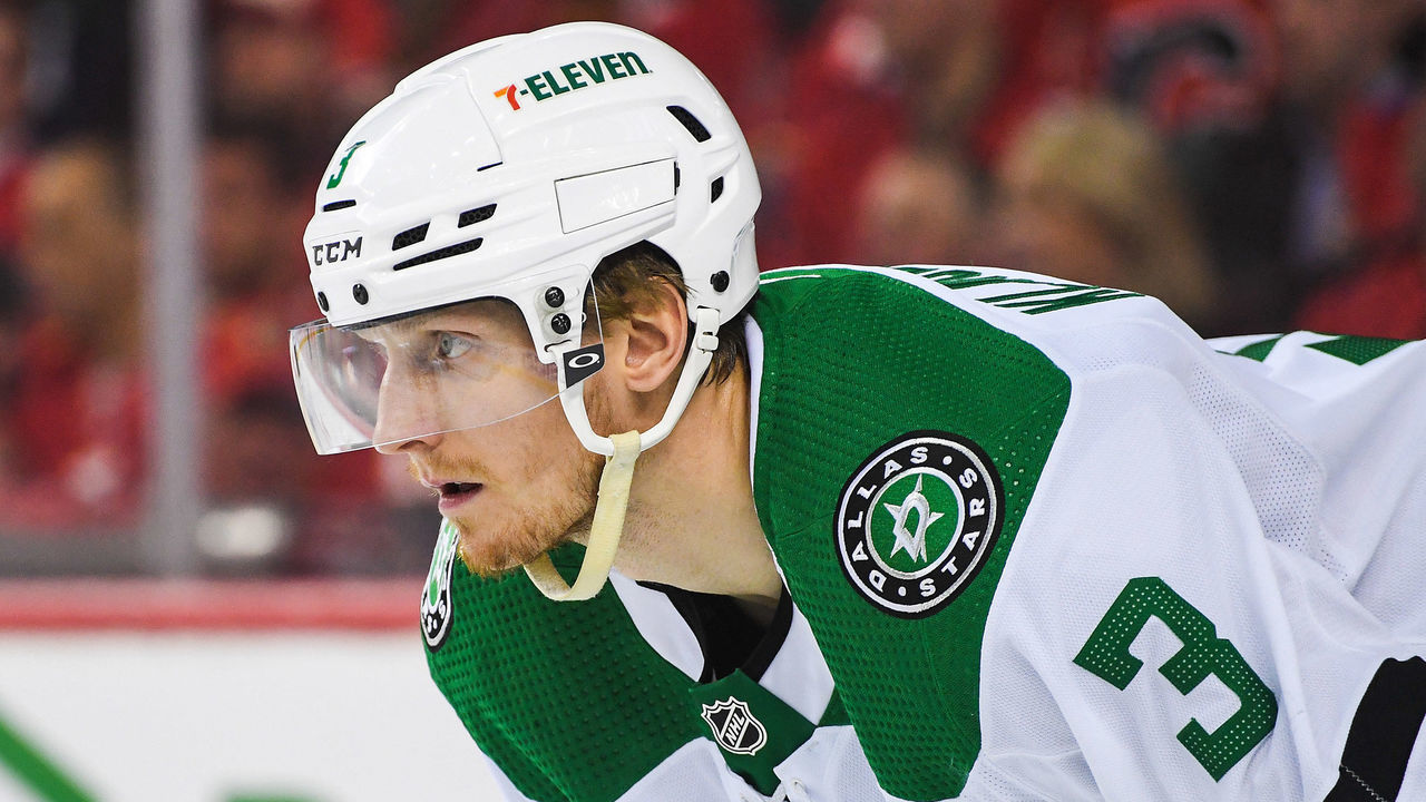 CALGARY, AB - MAY 15: John Klingberg #3 of the Dallas Stars in action against the Calgary Flames during Game Seven of the First Round of the 2022 Stanley Cup Playoffs at Scotiabank Saddledome on May 15, 2022 in Calgary, Alberta, Canada. The Flames defeated the Stars 3-2 in overtime.