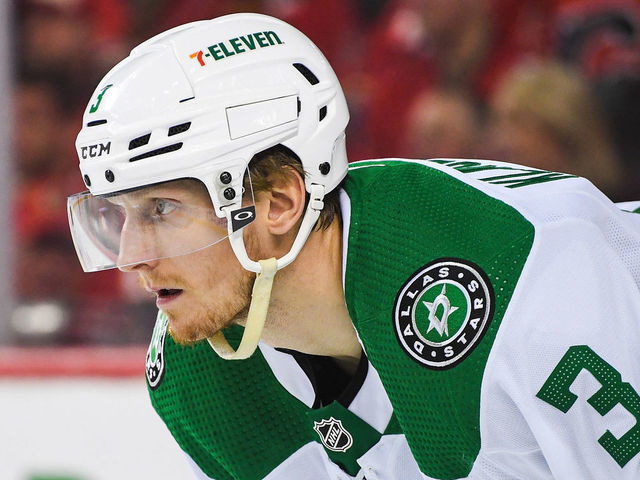 CALGARY, AB - MAY 15: John Klingberg #3 of the Dallas Stars in action against the Calgary Flames during Game Seven of the First Round of the 2022 Stanley Cup Playoffs at Scotiabank Saddledome on May 15, 2022 in Calgary, Alberta, Canada. The Flames defeated the Stars 3-2 in overtime.