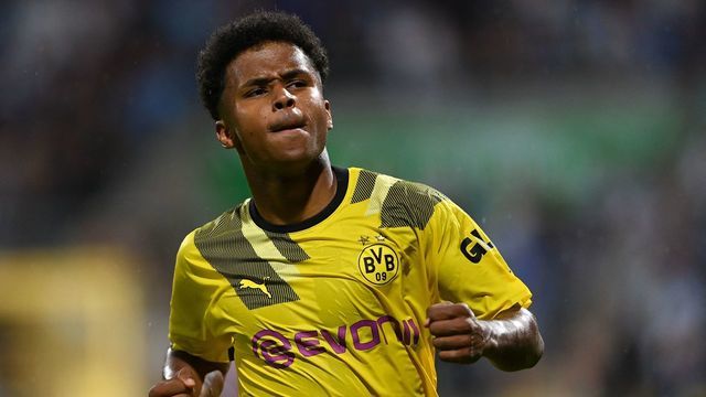 Dortmund's German forward Karim Adeyemi celebrates scoring the 0-3 goal during the German Cup (DFB Pokal) first round football match TSV 1860 Munich v BVB Borussia Dortmund at the Gruenwalder Street Stadium in Munich, southern Germany on July 29, 2022. - DFB REGULATIONS PROHIBIT ANY USE OF PHOTOGRAPHS AS IMAGE SEQUENCES AND QUASI-VIDEO.