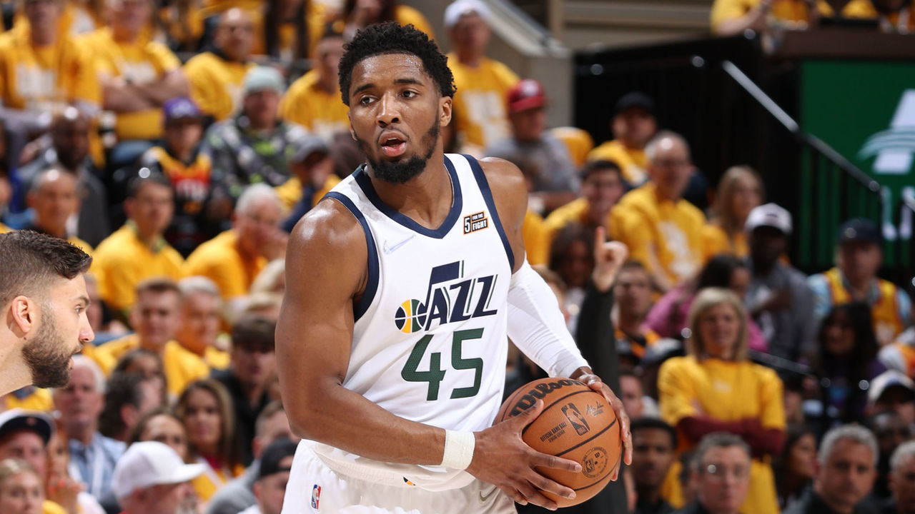 SALT LAKE CITY, UT - APRIL 23: Donovan Mitchell #45 of the Utah Jazz handles the ball during Round 1 Game 4 of the 2022 NBA Playoffs against the Dallas Mavericks on April 23, 2022 at vivint.SmartHome Arena in Salt Lake City, Utah. Mandatory Copyright Notice: Copyright 2022 NBAE