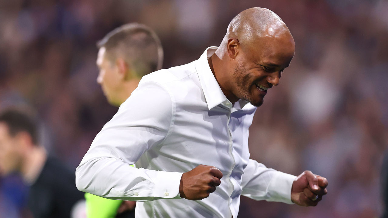 HUDDERSFIELD, ENGLAND - JULY 29: Vincent Kompany the head coach / manager of Burnley celebrates at full time during the Sky Bet Championship between Huddersfield Town and Burnley at John Smith's Stadium on July 29, 2022 in Huddersfield, United Kingdom.