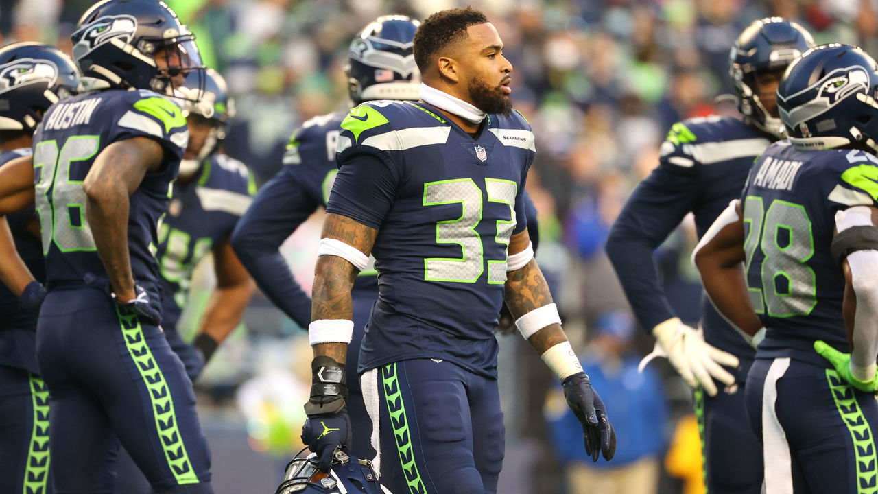 SEATTLE, WASHINGTON - NOVEMBER 21: Jamal Adams #33 of the Seattle Seahawks looks on against the Arizona Cardinals during the fourth quarter at Lumen Field on November 21, 2021 in Seattle, Washington.