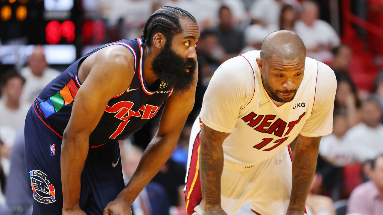 MIAMI, FLORIDA - MAY 04: James Harden #1 of the Philadelphia 76ers and P.J. Tucker #17 of the Miami Heat look on during the second half in Game Two of the Eastern Conference Semifinals at FTX Arena on May 04, 2022 in Miami, Florida.