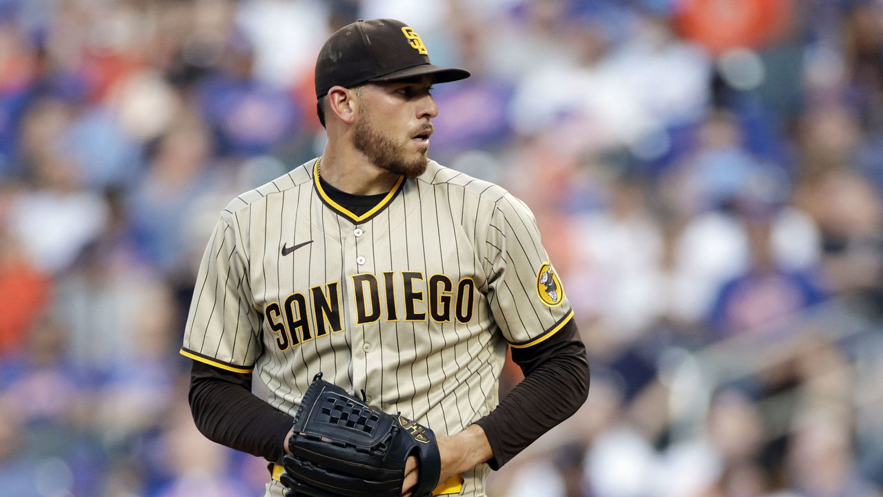 NEW YORK, NY - JULY 24: Joe Musgrove #44 of the San Diego Padres pitches during the first inning against the New York Mets at Citi Field on July 24, 2022 in New York City.