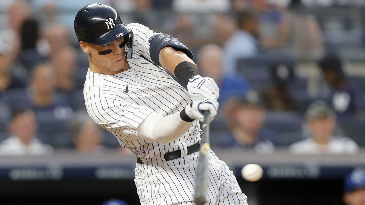 NEW YORK, NEW YORK - JULY 29: Aaron Judge #99 of the New York Yankees connects on a his third inning two run home run against the Kansas City Royals at Yankee Stadium on July 29, 2022 in New York City.