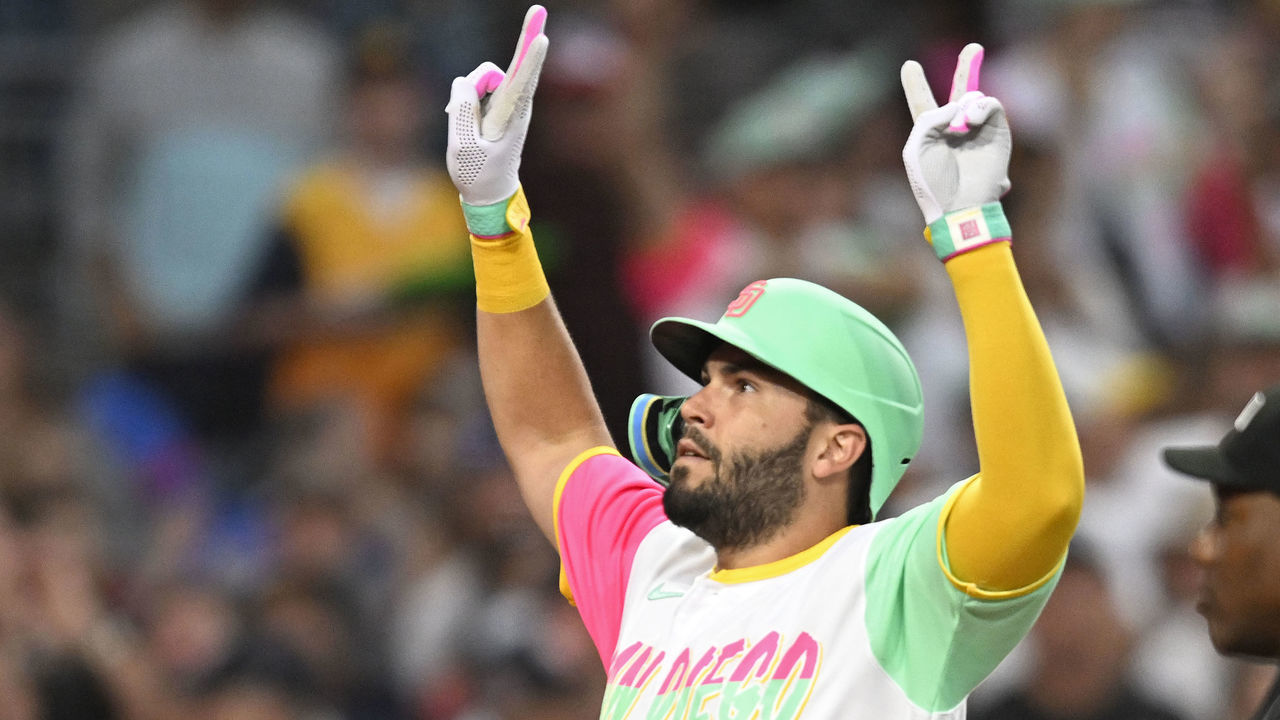 SAN DIEGO, CA - JULY 29: Eric Hosmer #30 of the San Diego Padres celebrates after hitting a solo home run during the fourth inning of a baseball game against the Minnesota Twins at Petco Park on July 29, 2022 in San Diego, California.