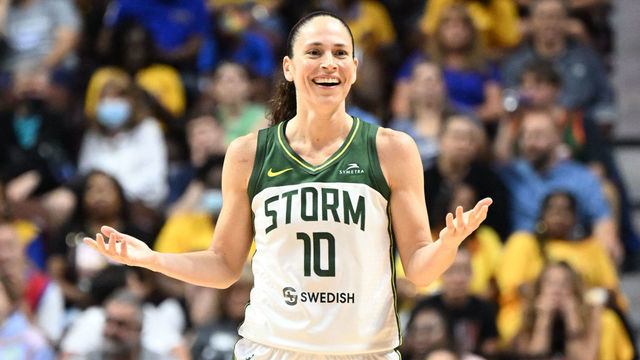 UNCASVILLE, CT - JUNE 17: Sue Bird #10 of the Seattle Storm smiles during the game against the Connecticut Sun on June 17, 2022 at Mohegan Sun Arena in Uncasville, Connecticut. NOTE TO USER: User expressly acknowledges and agrees that, by downloading and/or using this Photograph, user is consenting to the terms and conditions of the Getty Images License Agreement. Mandatory Copyright Notice: Copyright 2022 NBAE