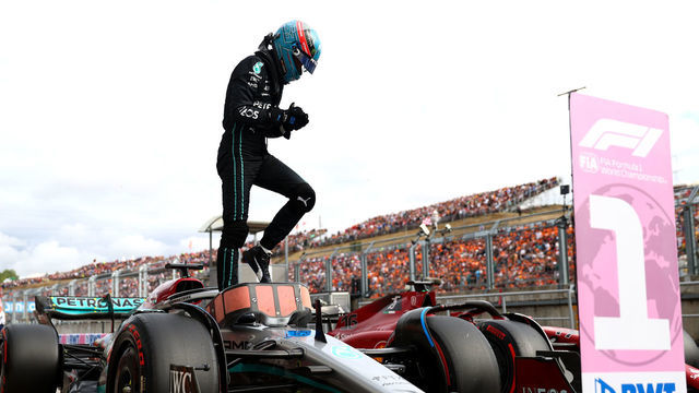 BUDAPEST, HUNGARY - JULY 30: Pole position qualifier George Russell of Great Britain and Mercedes celebrates in parc ferme during qualifying ahead of the F1 Grand Prix of Hungary at Hungaroring on July 30, 2022 in Budapest, Hungary.