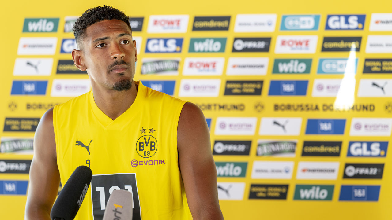 BAD RAGAZ, SWITZERLAND - JULY 17: Sebastien Haller of Borussia Dortmund during a press conference at the Borussia Dortmund Training Camp on July 17, 2022 in Bad Ragaz.